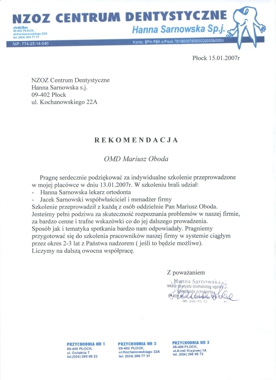 N.Z.O.Z. Centrum Dentystyczne Hanna Sarnowska Sp.j. (coaching)